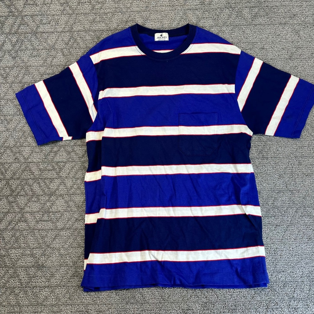 Jockey Mens Striped Pocket T Shirt Blue White Red Cotton L made in USA VTG 80s